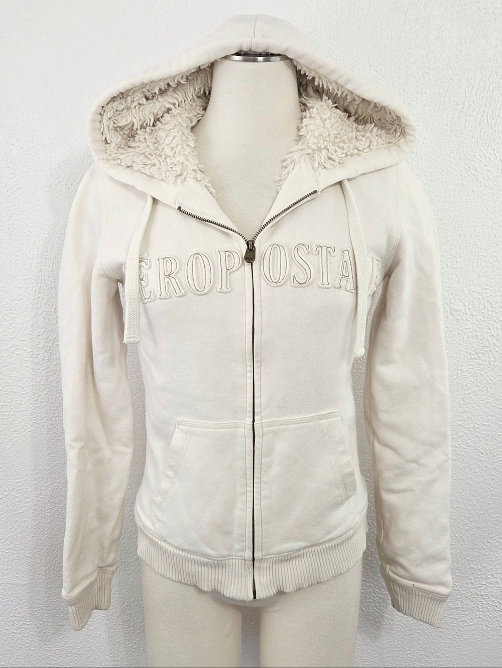 Vintage Y2K Aeropostale fur hoodie ivory spellout fleece lined women's large L